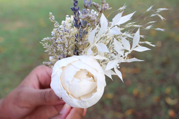 Boho Peony Boutonniere with Lavender and Ruscus