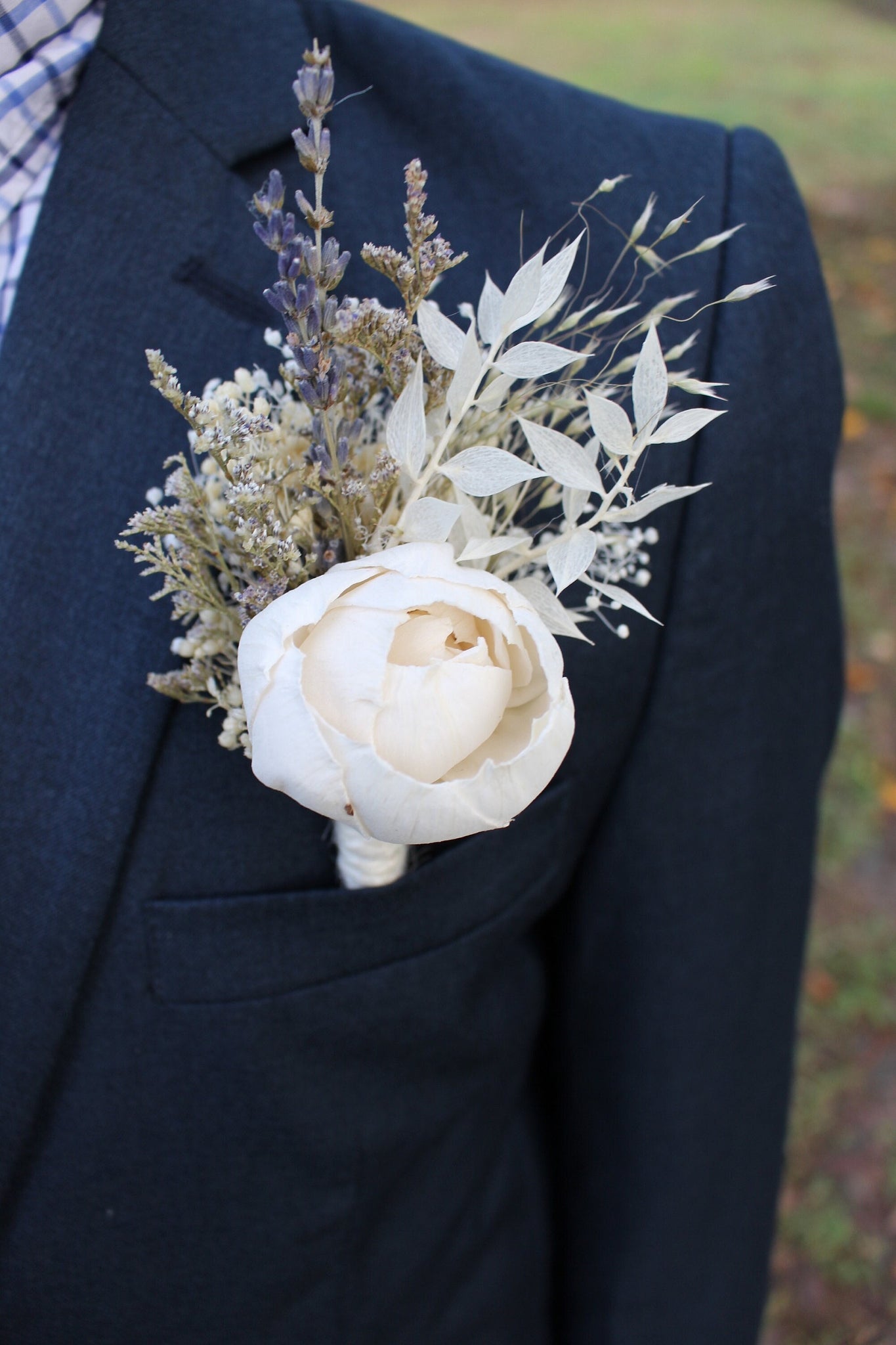 Boho Peony Boutonniere with Lavender and Ruscus