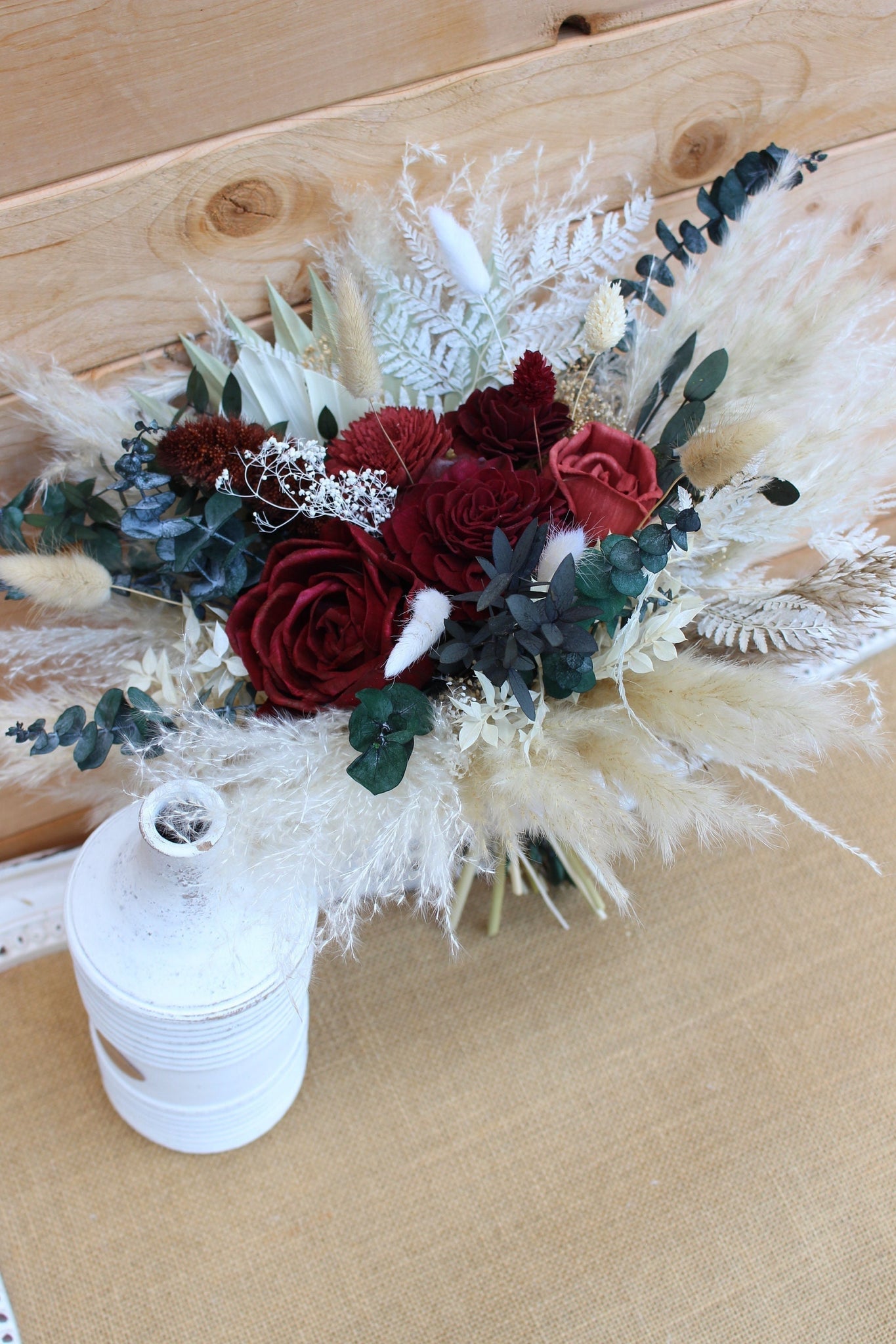 Boho Rust Burgundy Pampas Grass Bouquet with Sola Flowers