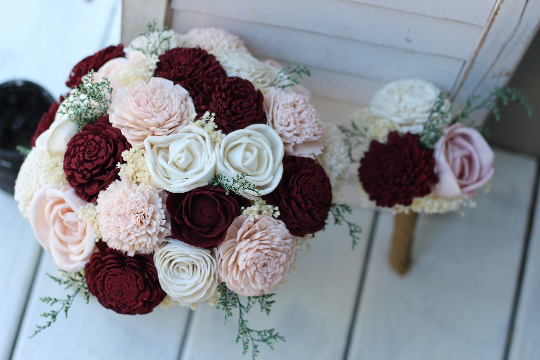 Marsala Burgundy blush sola wood flower budget wedding bouquet set