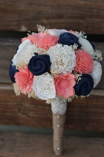 Navy Coral Sola Wedding Bouquet, Sola Wood Flower Bouquet