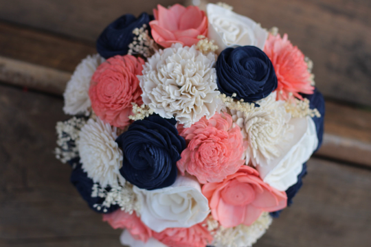 Navy Coral Sola Wedding Bouquet, Sola Wood Flower Bouquet