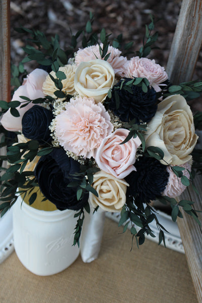Navy Blush Pink Sola Wood Flower Wedding Bouquet, Spring Summer Fall WInter Wedding Bouquet