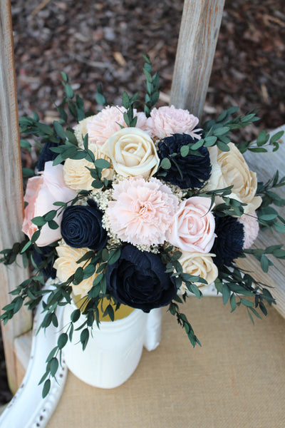 Navy Blush Pink Sola Wood Flower Wedding Bouquet, Spring Summer Fall WInter Wedding Bouquet