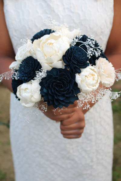 Navy Blue and Ivory Sola Flower Wedding Bouquet