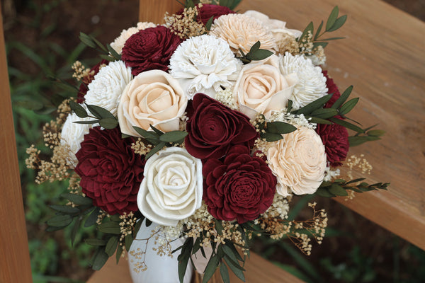 Burgundy & Peach Sola Wood Flower Wedding Bouquet, Bridal Bouquet
