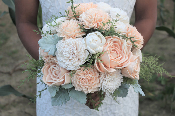 Peach Ivory Sola Wedding Flower Bouquet , Sola Flower Wedding Bouquet