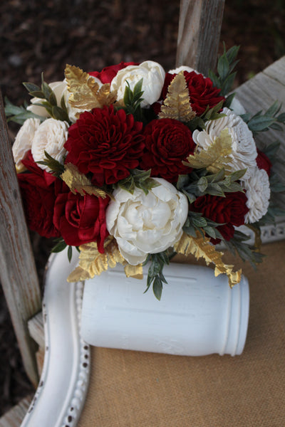 Winter Wedding Sola Flower Bouquet with Peonies and Red Flowers and Gold Leaves