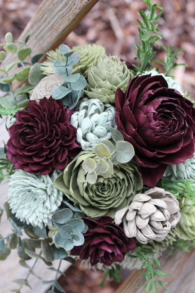 Plum Green Succulent Sola Wood Flower Wedding Bouquet
