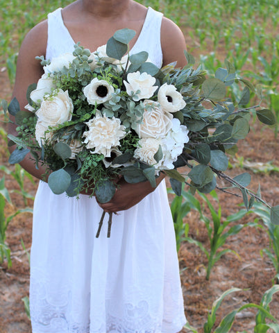 Anemone Protea sola wood flower bouquet with greenery