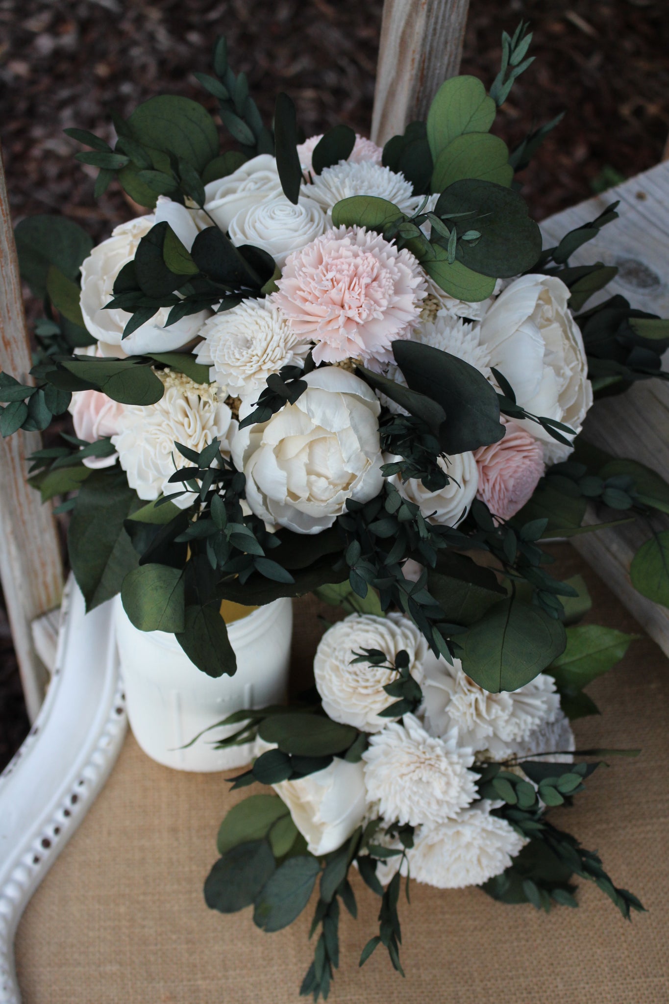 ivory blush pink sola wood flower bouquet with eucalyptus budget bouquet set