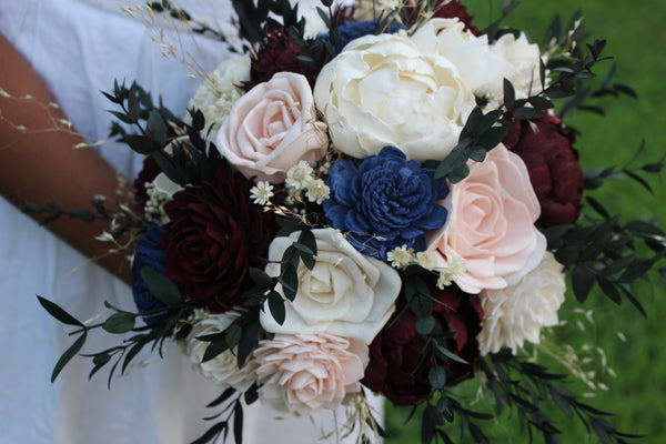 Burgundy, Blue Sola Wood Flower Peony Bouquet, Fall Bouquet