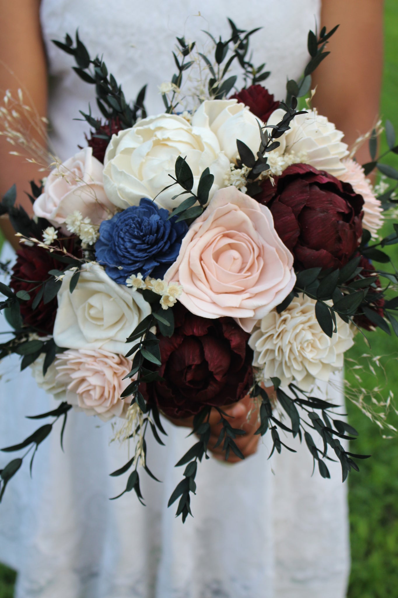 Burgundy, Blue Sola Wood Flower Peony Bouquet, Fall Bouquet