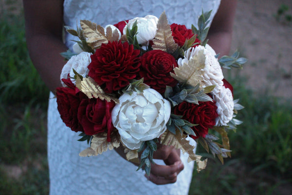 Winter Wedding Sola Flower Bouquet with Peonies and Red Flowers and Gold Leaves