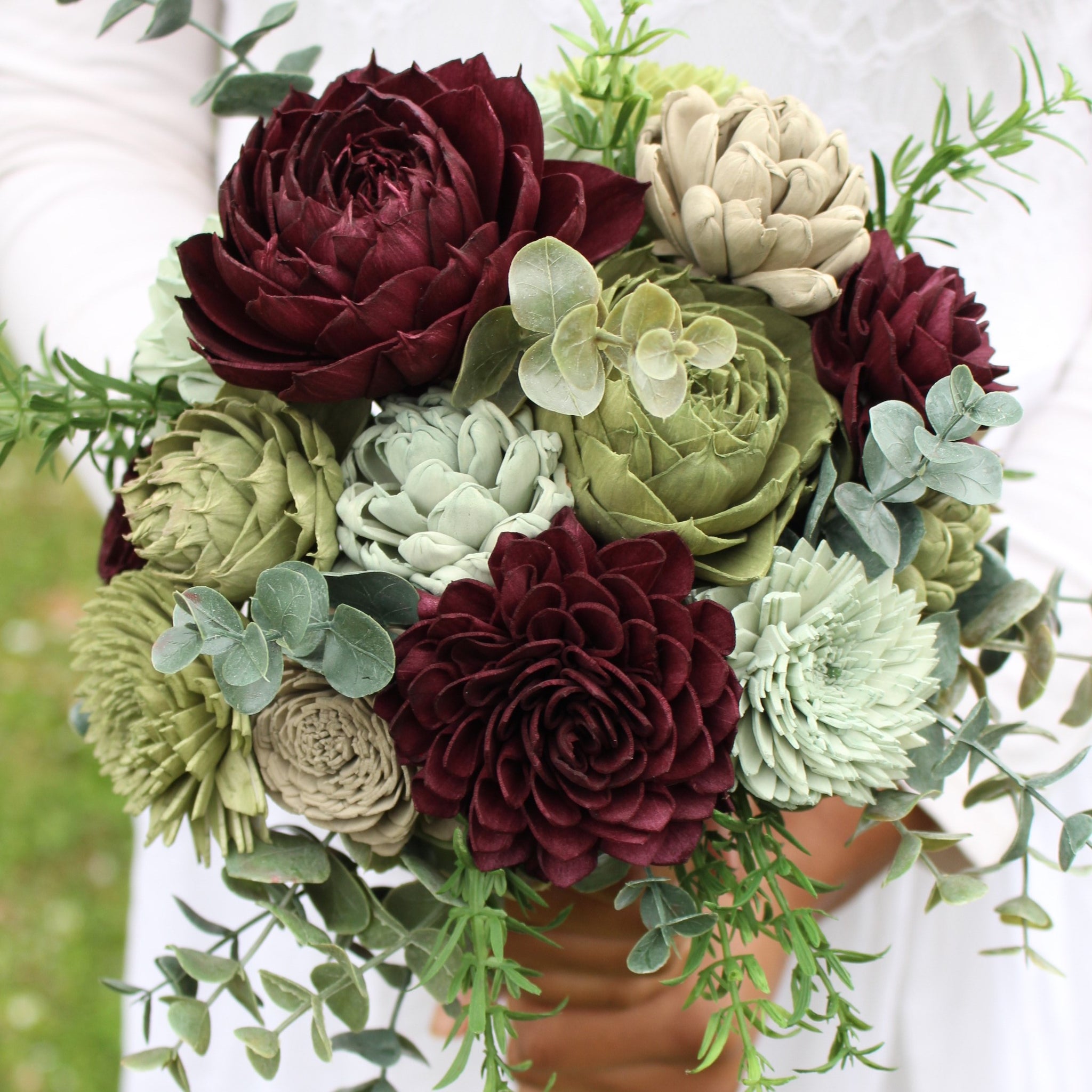 succulent wedding arrangements Plum Green Succulent Sola Wood Flower Wedding Bouquet – The Sola Flower Store
