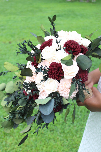 Wild Eucalyptus Greenery Burgundy/Marsala and Blush Sola Wood Flower Cascading Bouquet