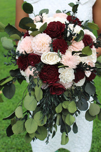 Wild Eucalyptus Greenery Burgundy/Marsala and Blush Sola Wood Flower Cascading Bouquet